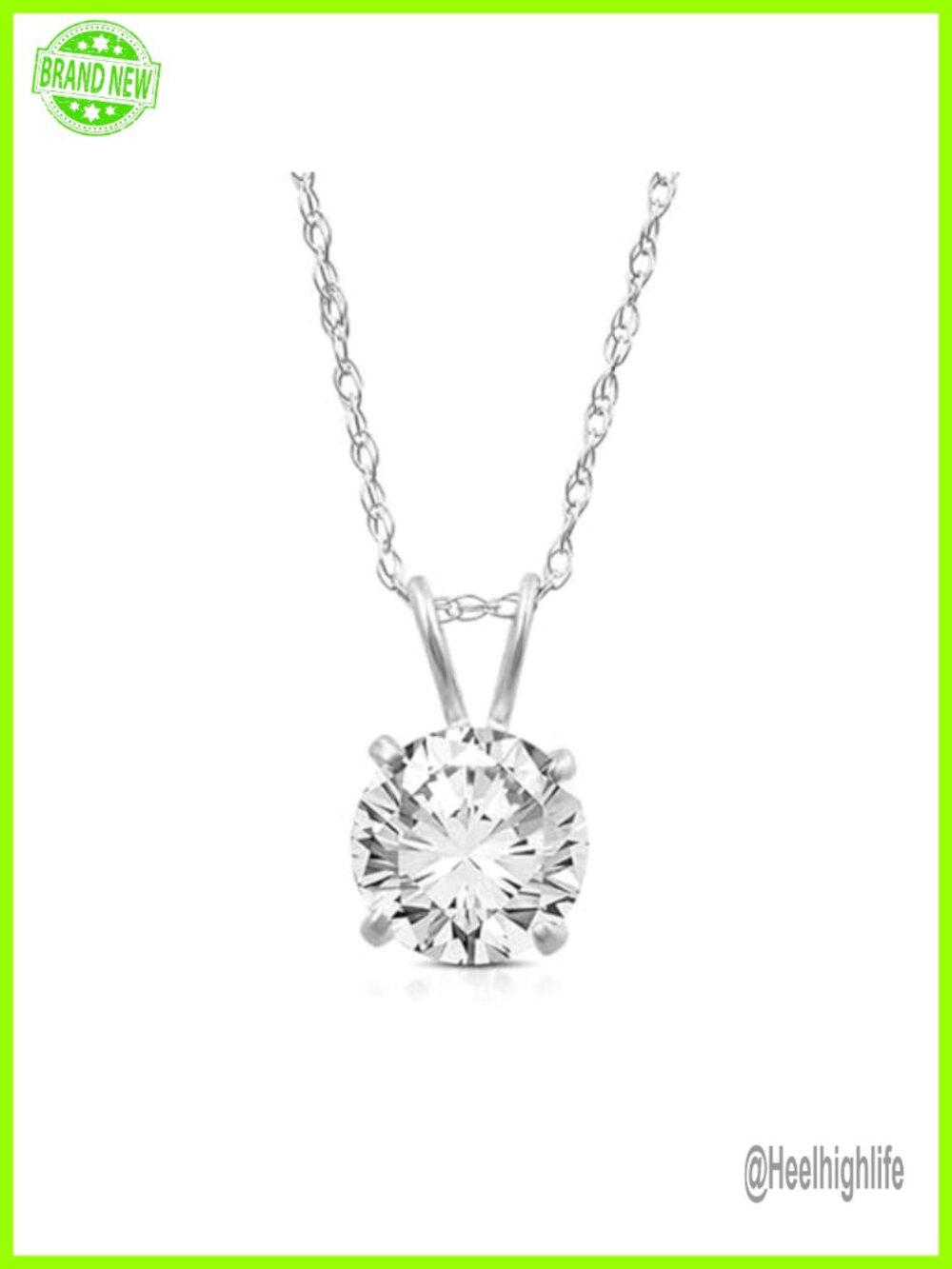 10K White Gold Cubic Zirconia Solitaire Pendant Necklace 18" Rope Chain